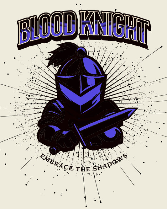 Illustration of a knight in armor with a sword, labeled 'Blood Knight: Embrace the Shadows', on a beige background.