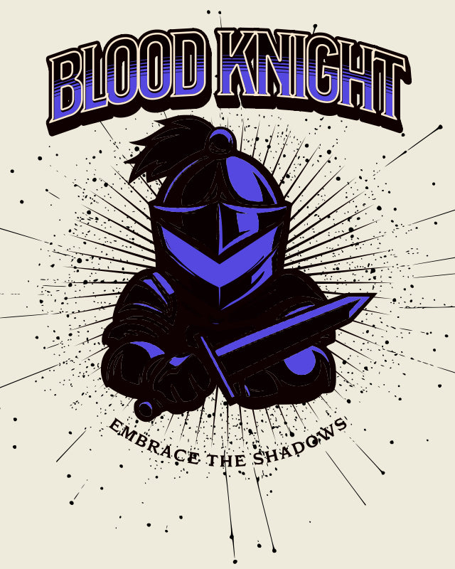Illustration of a knight in armor with a sword, labeled 'Blood Knight: Embrace the Shadows', on a beige background.