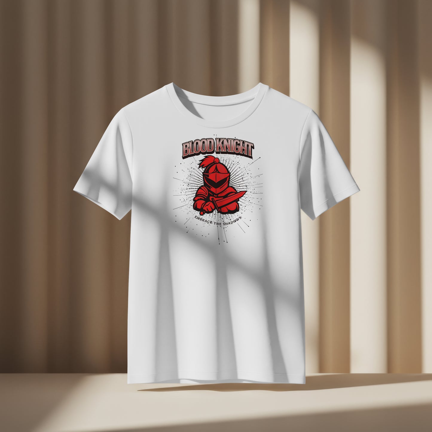 White t-shirt with 'Blood Knight' graphic design on a neutral background