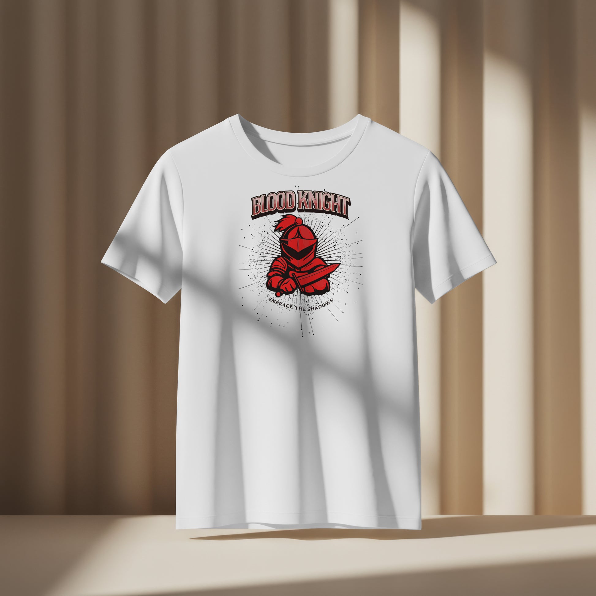 White t-shirt with 'Blood Knight' graphic design on a neutral background
